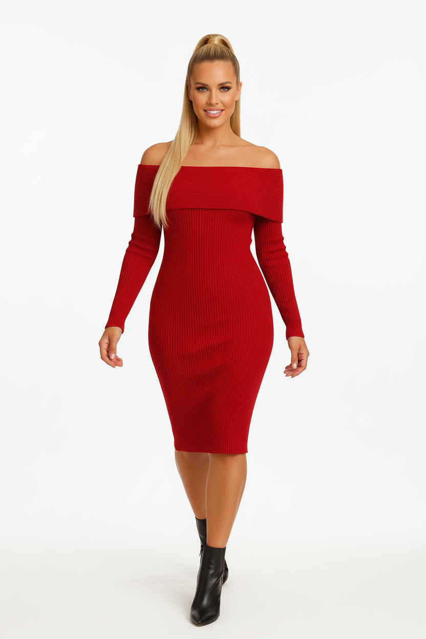 Viscose Blend Ribbed Bardot Knitted Midi Dress