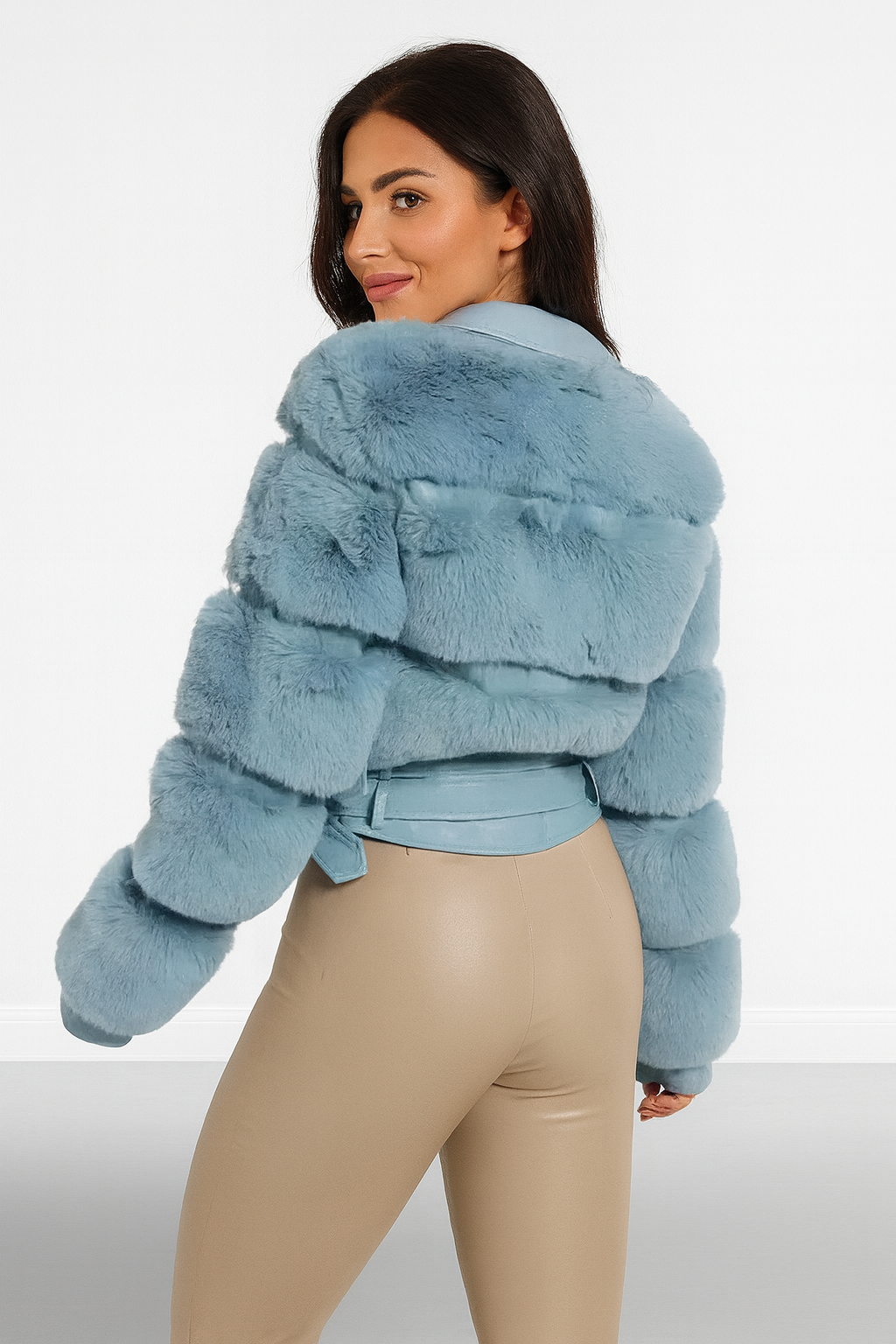Faux Fur And Vegan Leather Double Belt Biker Jacket