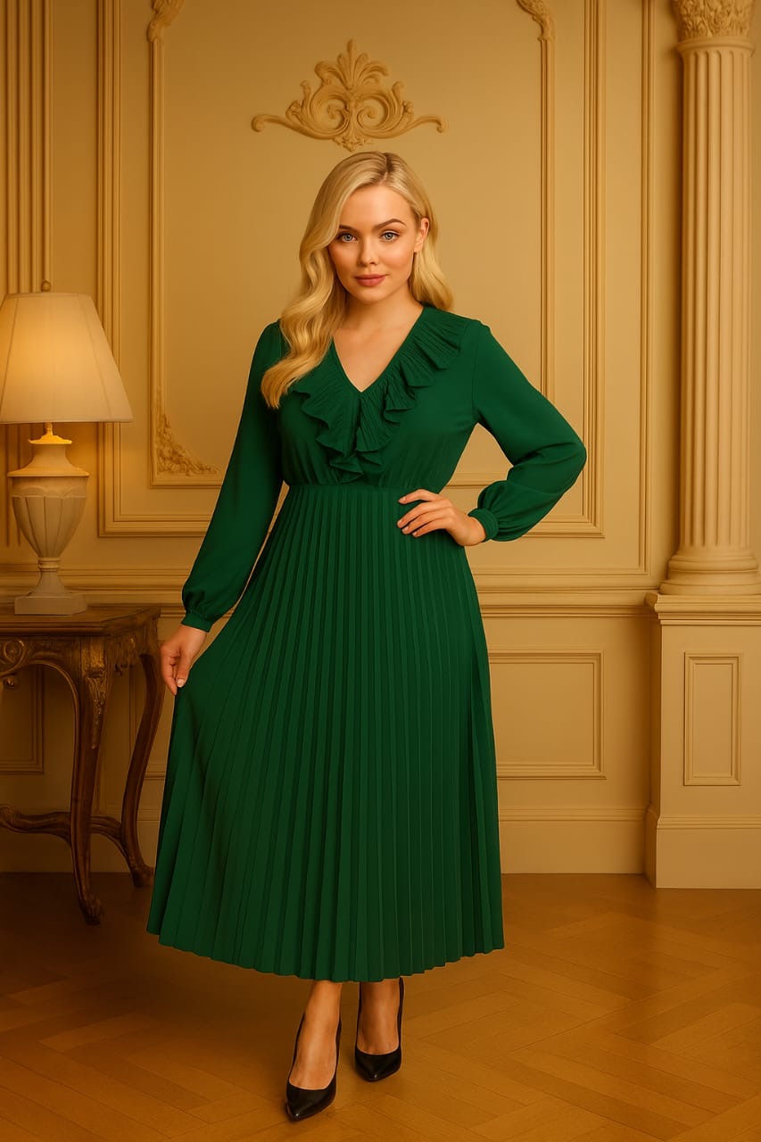 Long Sleeve Low Cut Elasticated Waist Plisse Long Dress