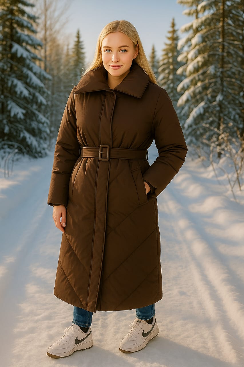 High Neck Belted Padded Long Puffer Coat