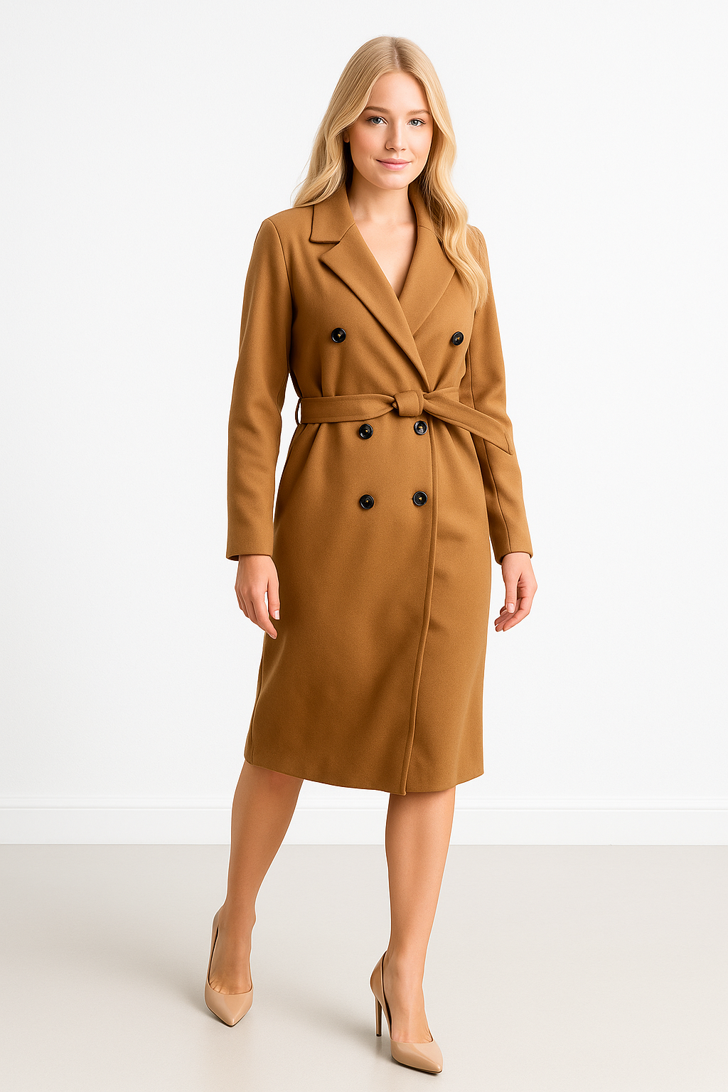 Double Breasted Self Tie Belt Midi Coat