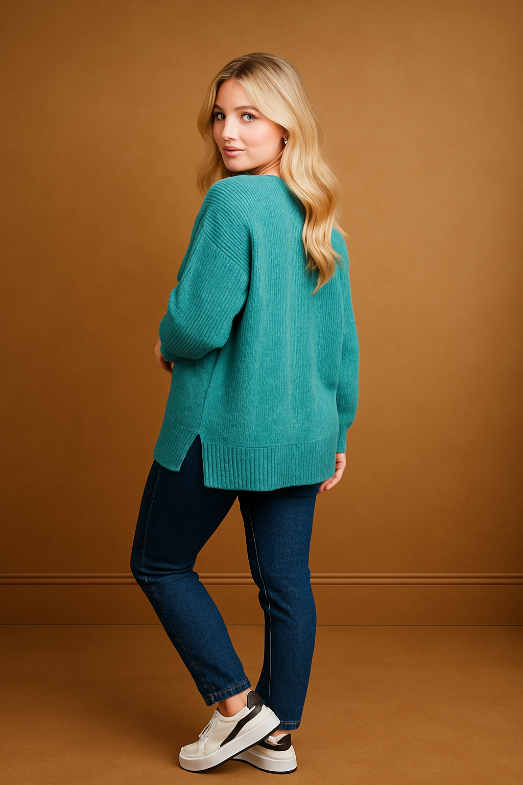 Contrast Knitted Viscose Side Slit Relaxed Fit Pullover