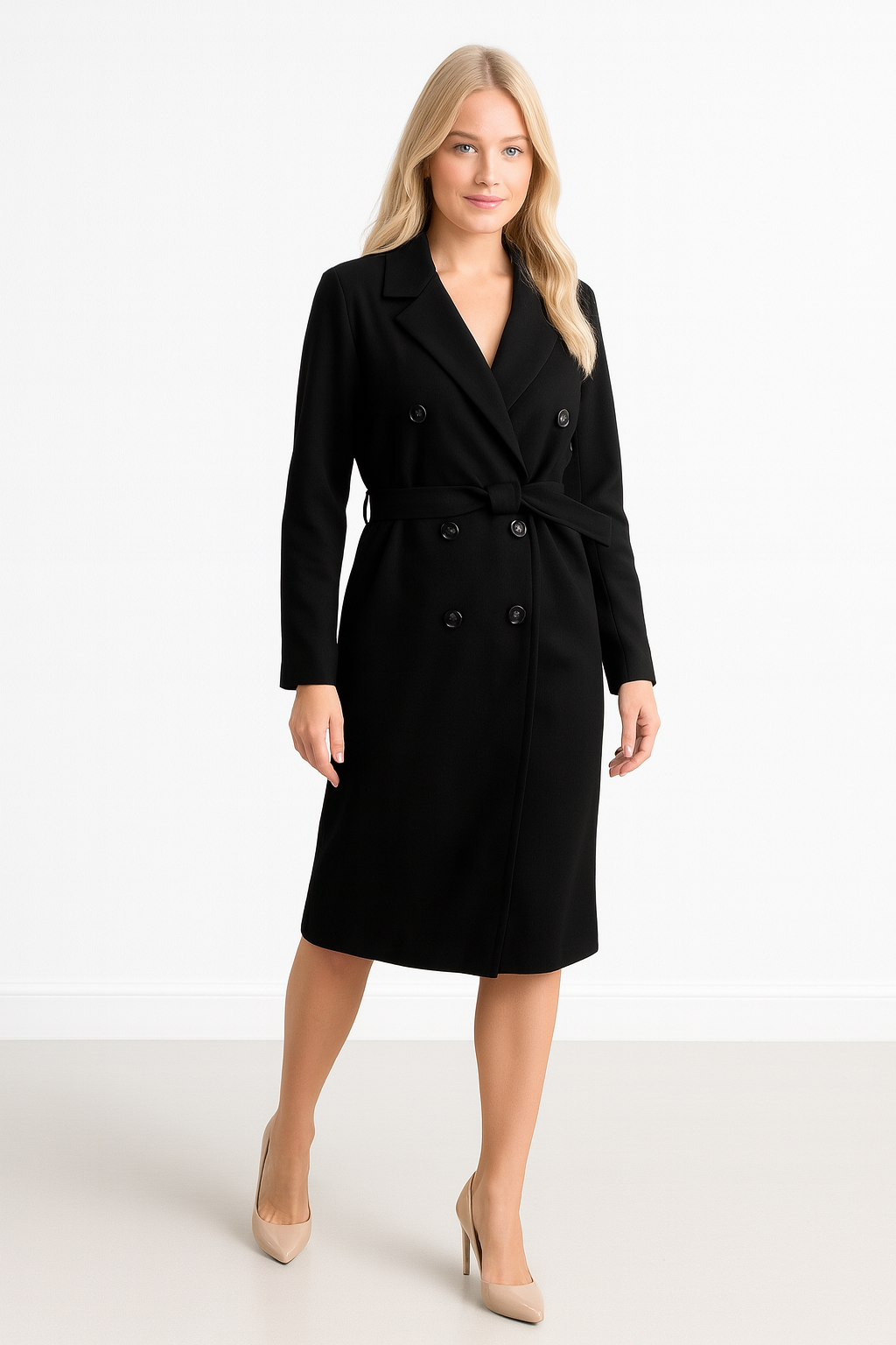 Double Breasted Self Tie Belt Midi Coat