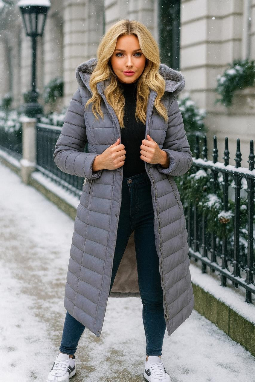 Faux Fur Trimmed Hood Quilted And Belted Shimmer Long Padded Coat