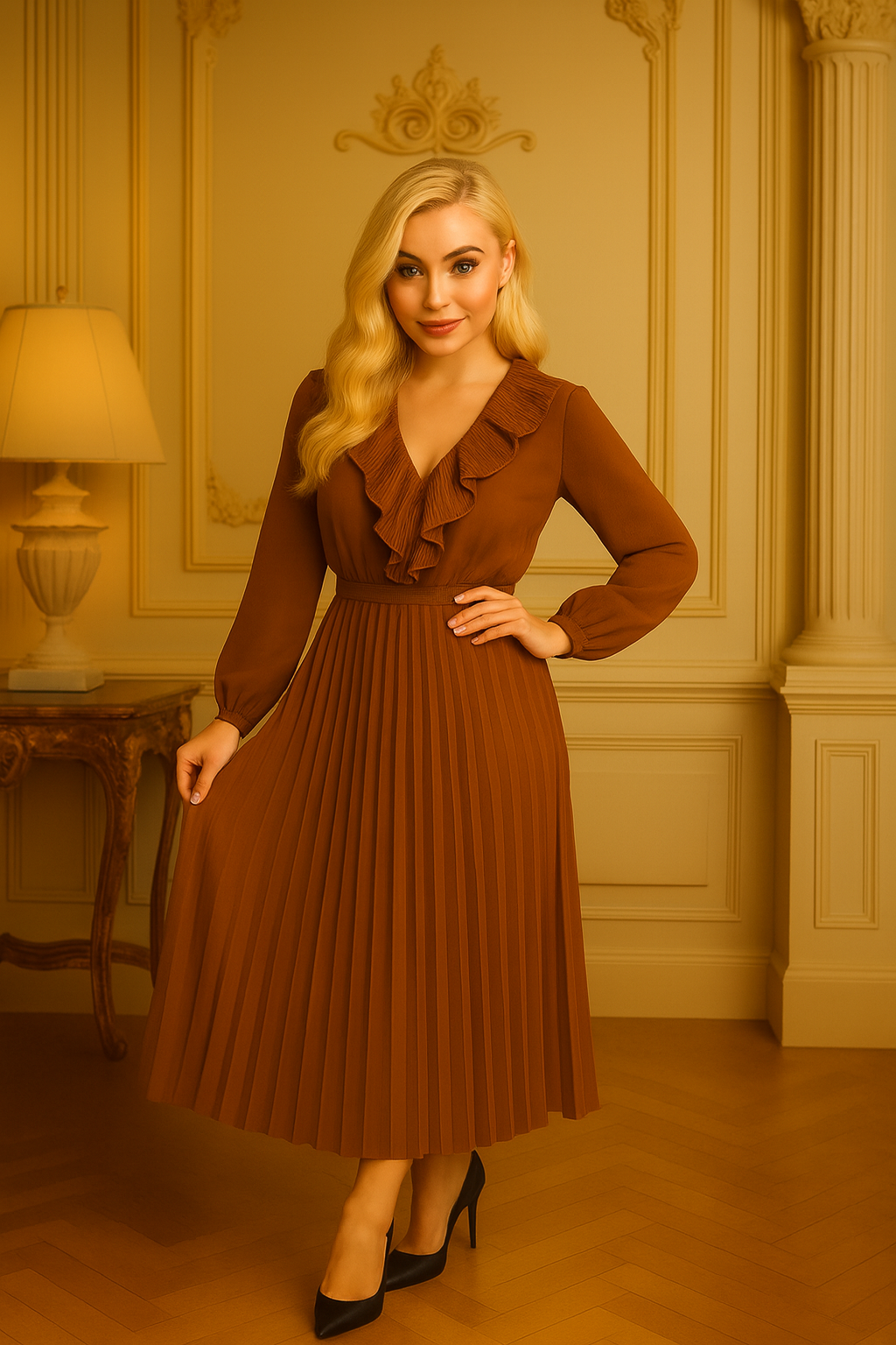 Long Sleeve Low Cut Elasticated Waist Plisse Long Dress