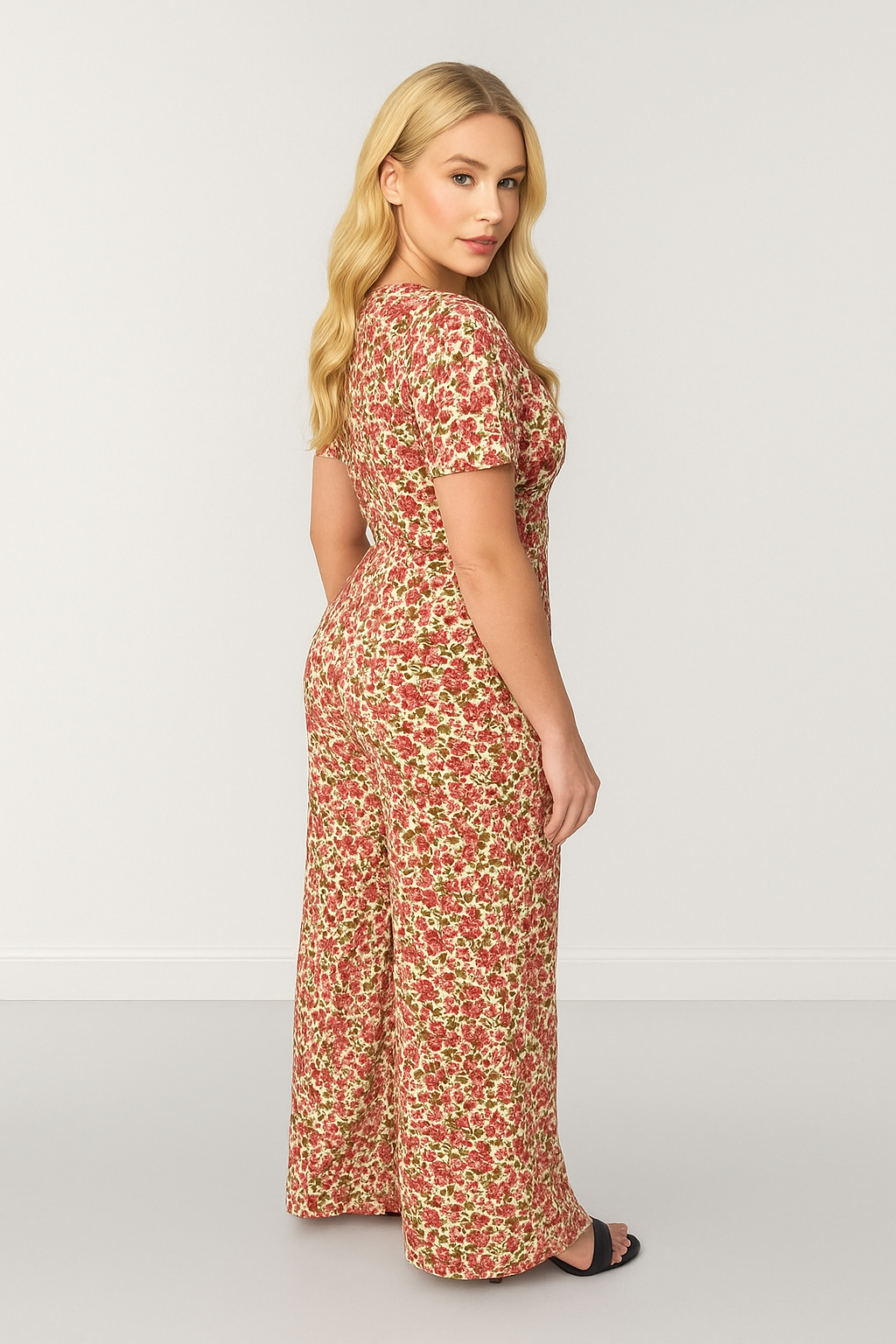 Floral Print Low Cut Neck Empire Waist Wide Extra Long Leg Jumpsuit