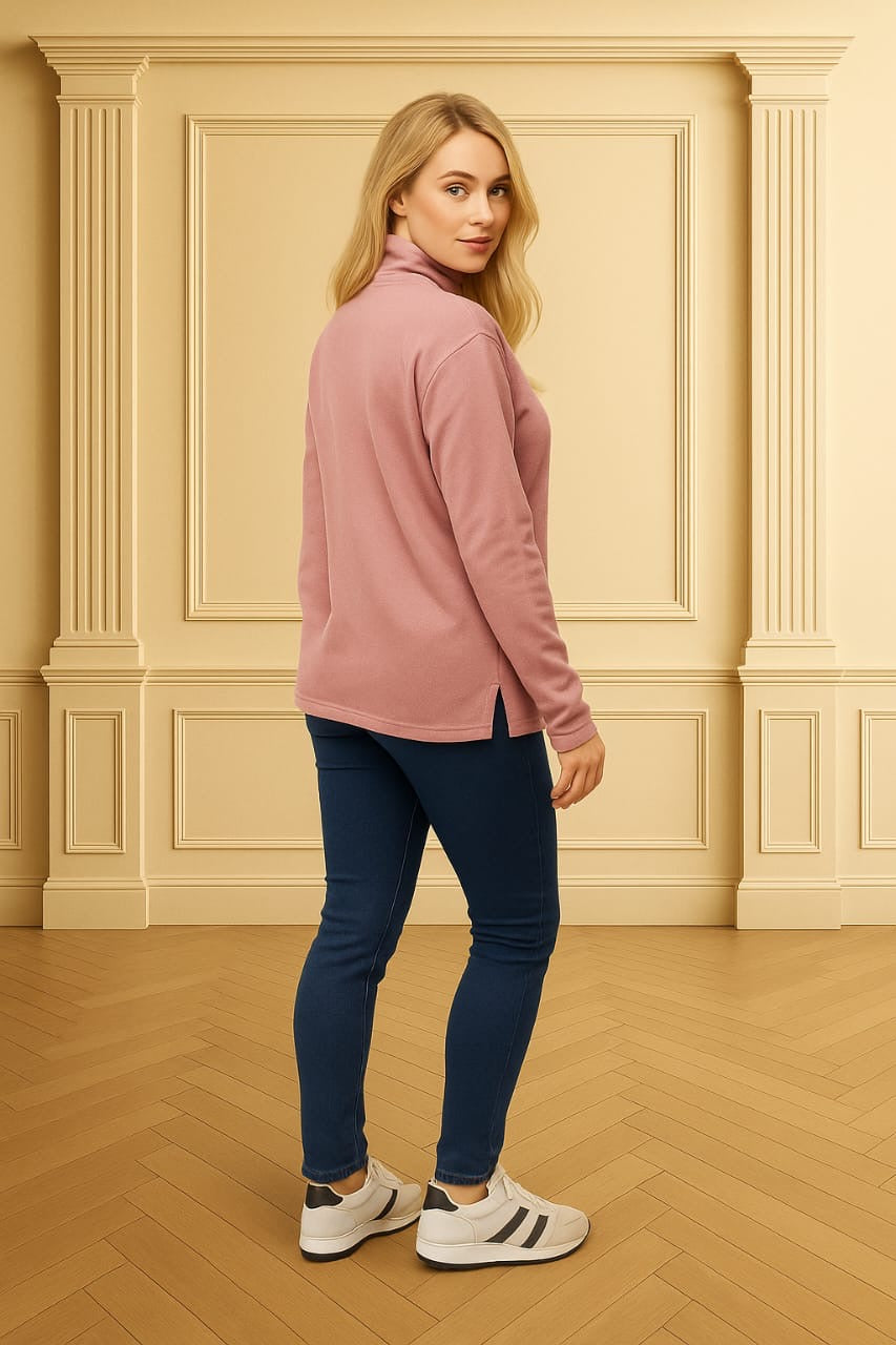 Fleeced Cotton Blend Mock Neck Zip Sweatshirt