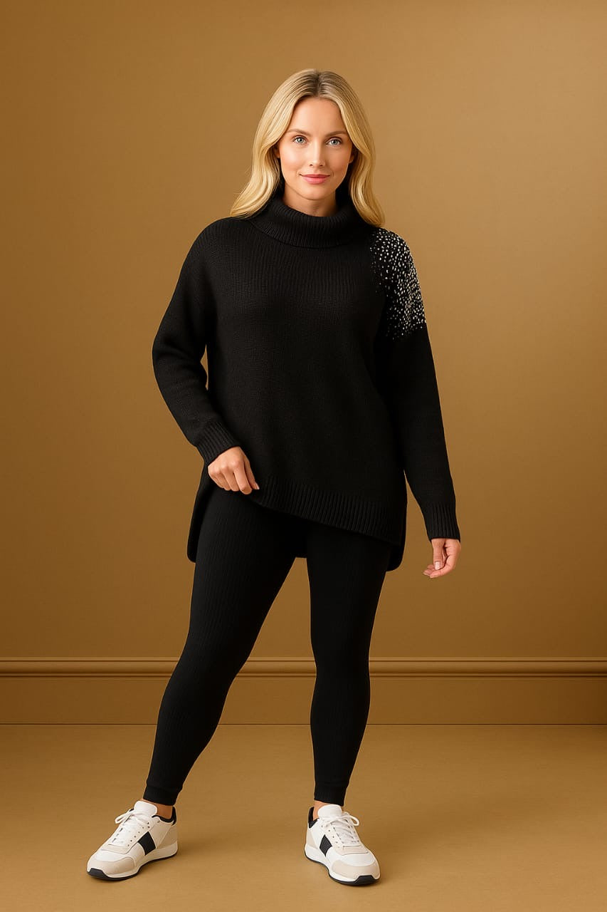 Asymmetric Crystal Embellished Turtle Neck Pullover