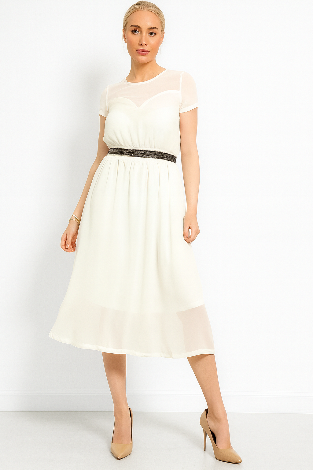 Beaded Waist Chiffon Sweetheart Dress