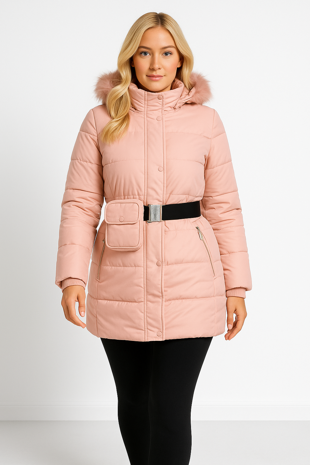 Faux Fur Hood Bag Belt Winter Jacket