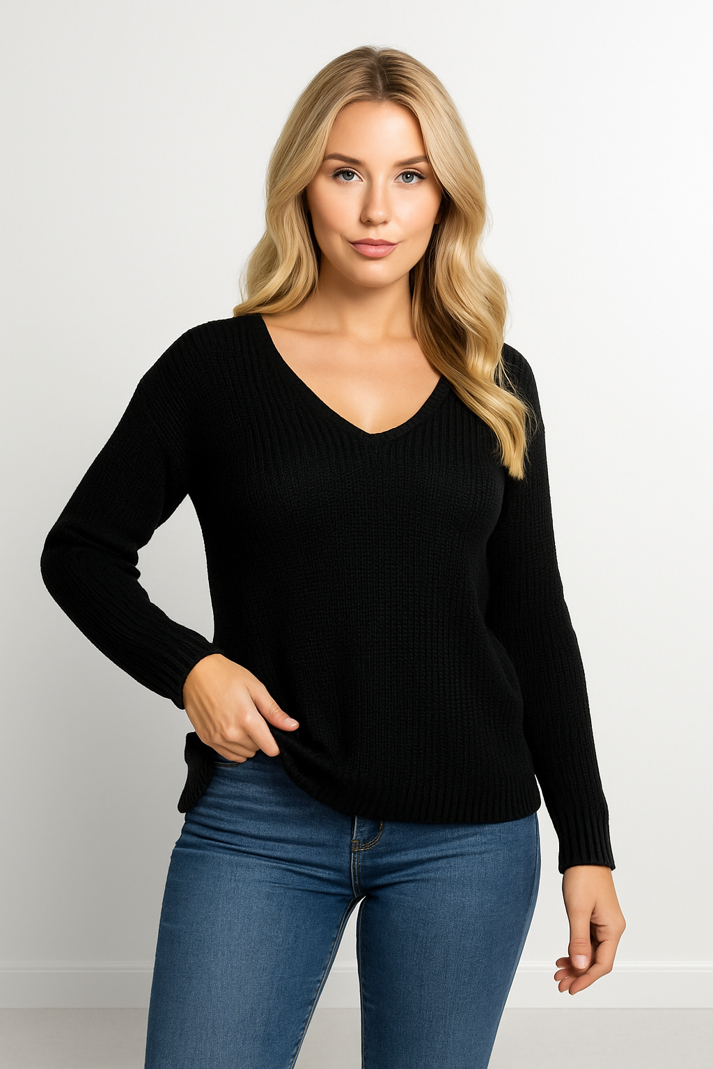 Cotton Blend Chunky Knit V-Cut Sweatshirt