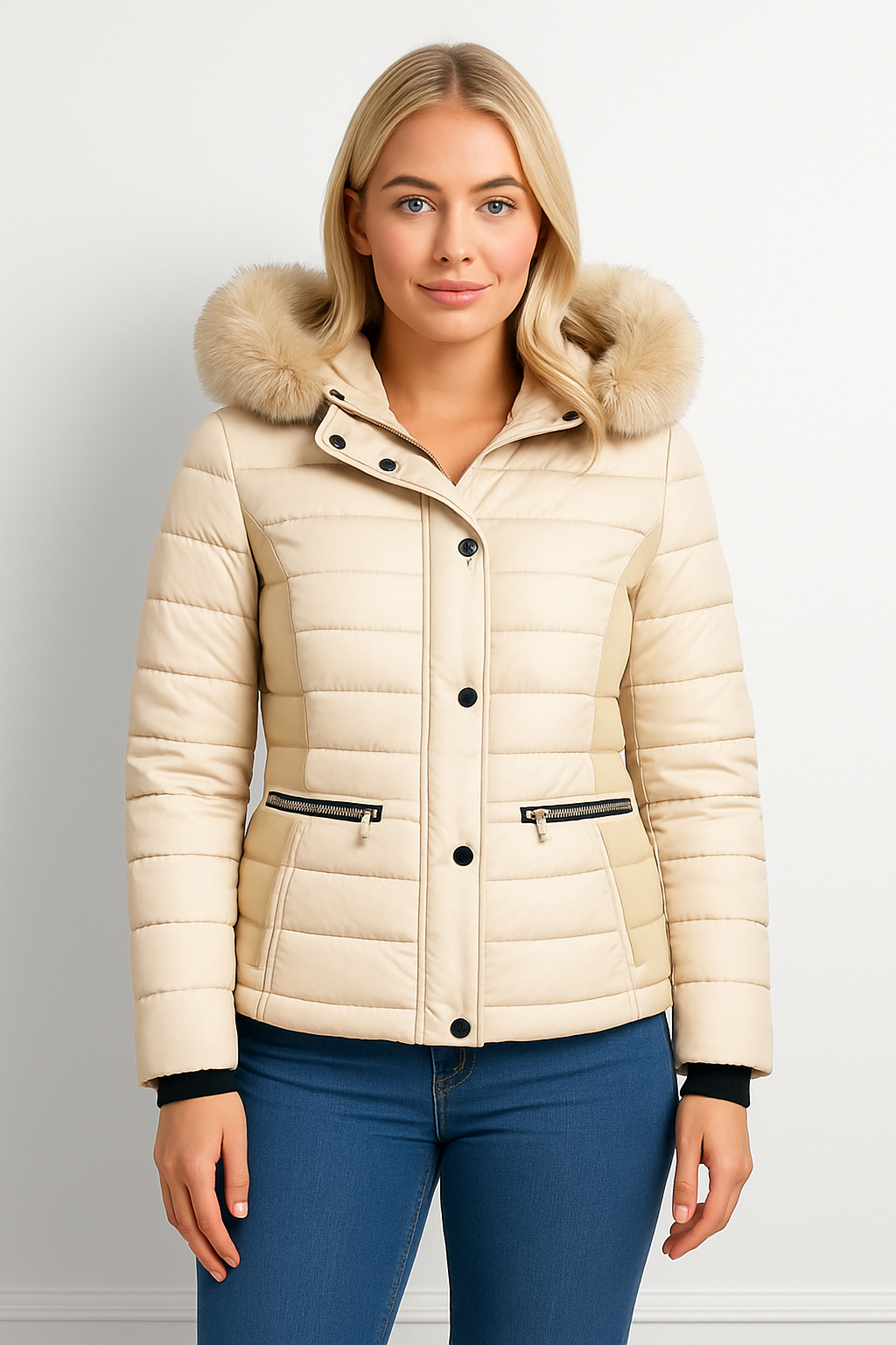 Faux Fur Trimmed Hoodie Belted And Quilted Winter Jacket