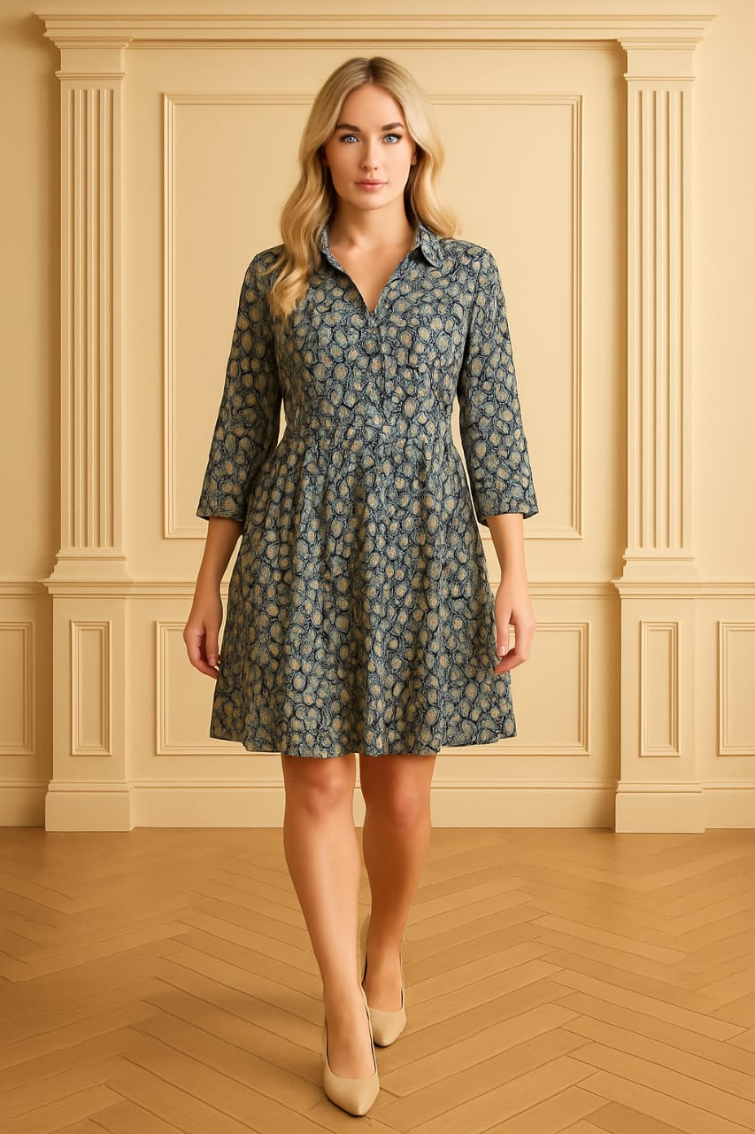 Lurex Leaves Print Pleated Midi Dress