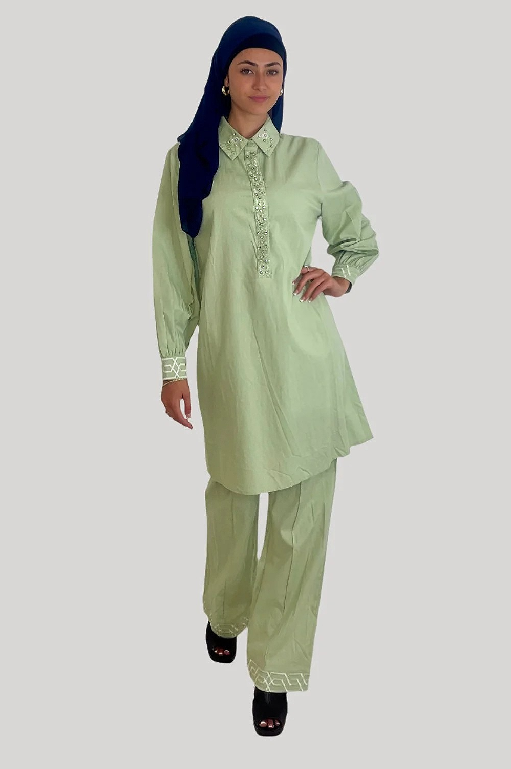 Embroidered Embellished Detail Kurta And Wide Leg Trousers Traditional Coord Set-SinglePrice