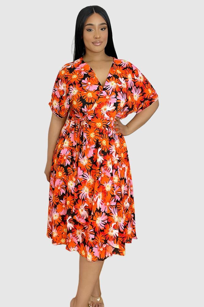 Spring Floral Print Midi Wrap Dress-SinglePrice
