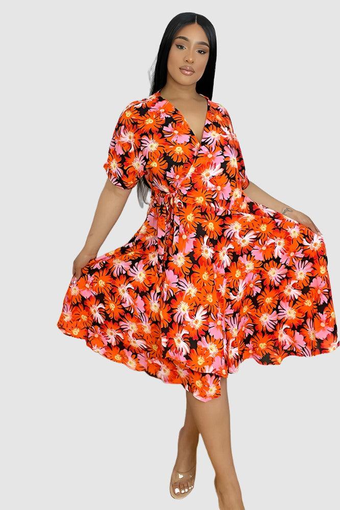 Spring Floral Print Midi Wrap Dress-SinglePrice