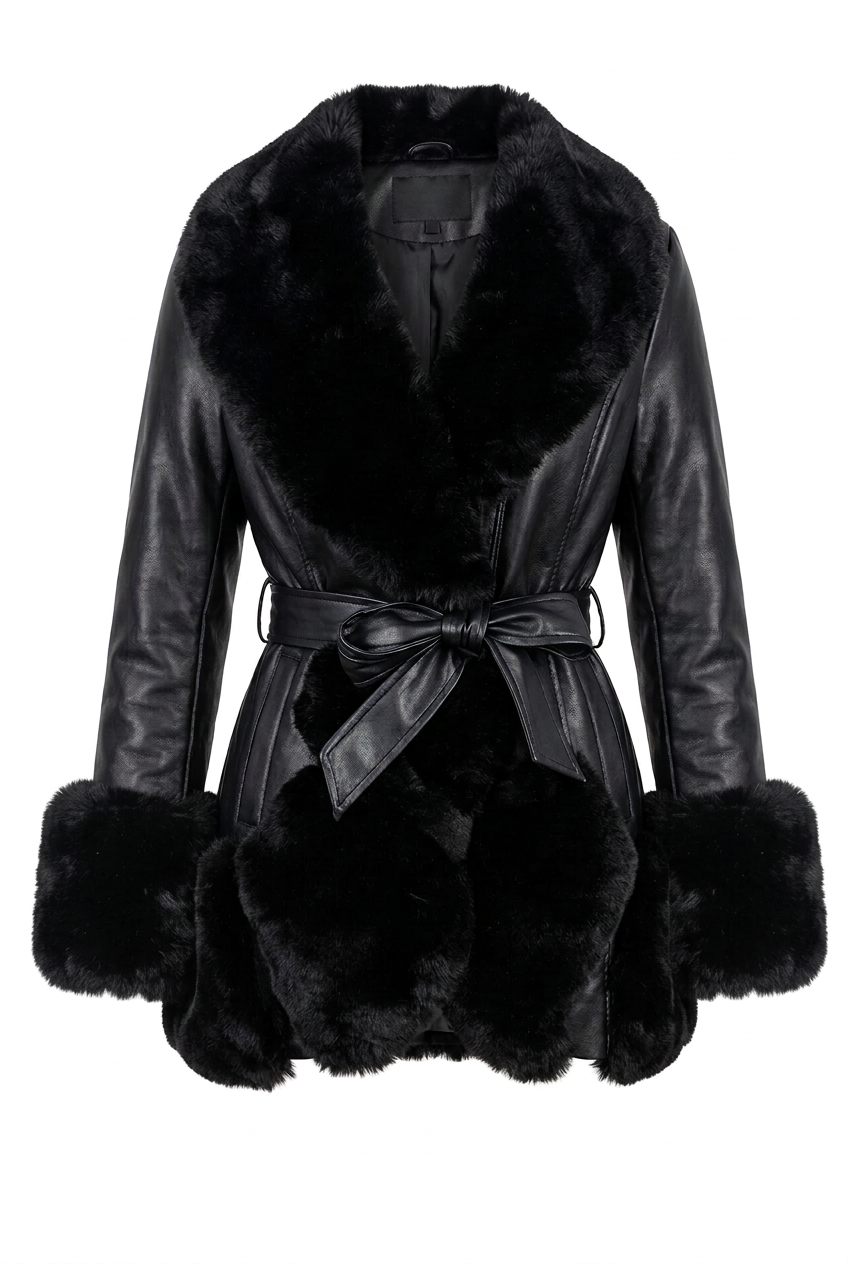 Faux Fur And Vegan Leather Waist Tie Deep Plunge Jacket