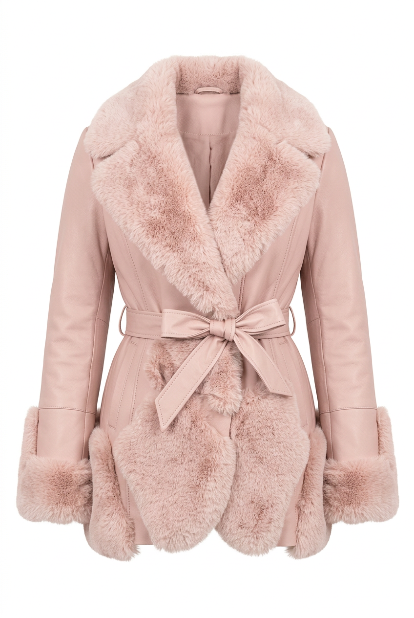 Faux Fur And Vegan Leather Waist Tie Deep Plunge Jacket