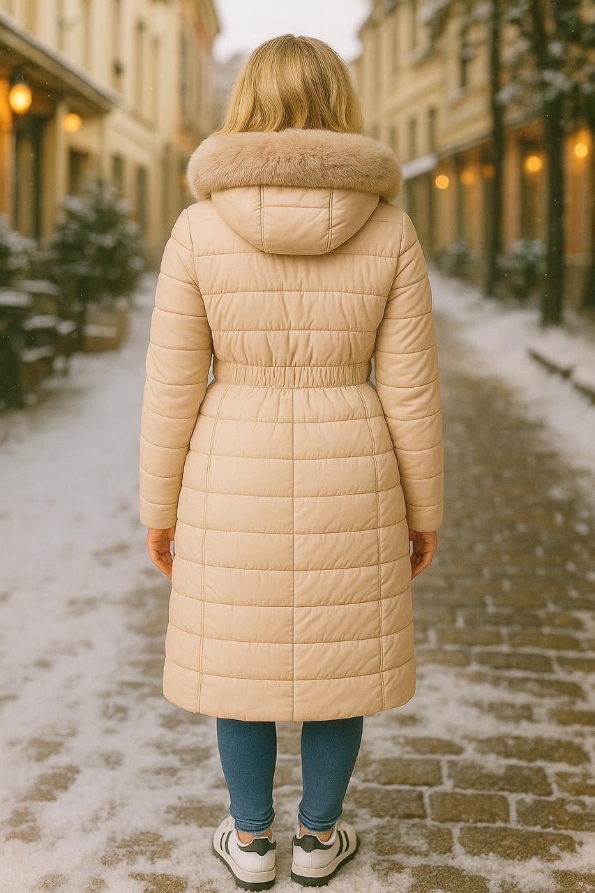 Faux Fur Trimmed Hood Quilted And Belted Shimmer Long Padded Coat