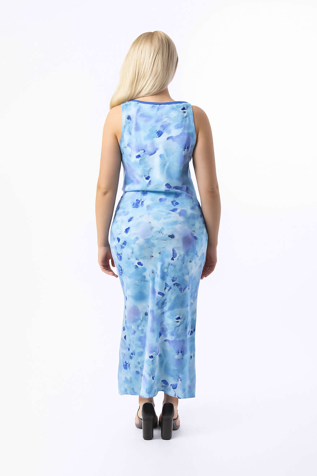 Watercolour Print Side Slit Satin Long Dress