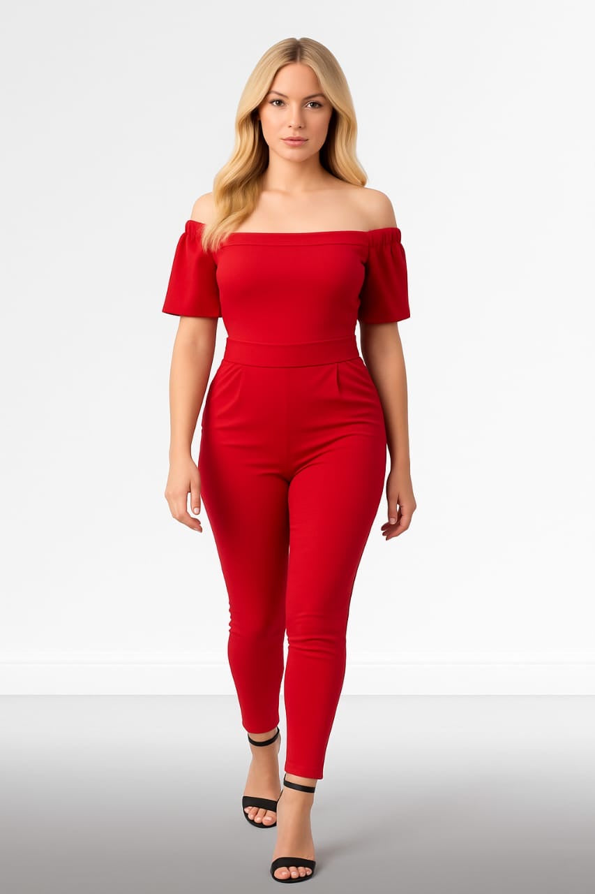 Off Shoulder Slim Leg Red Jumpsuit