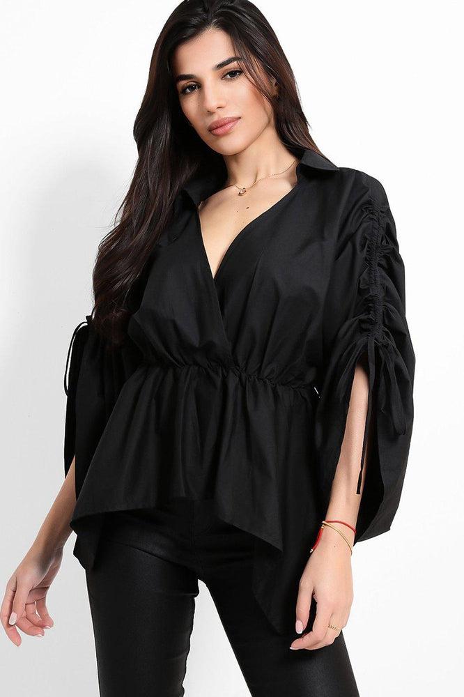 Exaggerated Drawstring Sleeves Peplum Blouse-SinglePrice