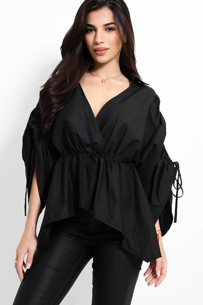 Exaggerated Drawstring Sleeves Peplum Blouse-SinglePrice