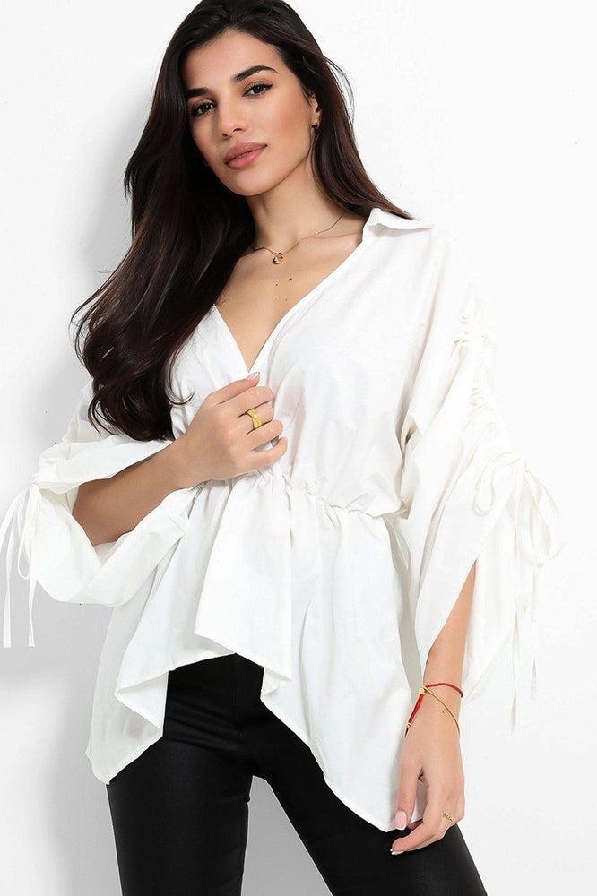 Exaggerated Drawstring Sleeves Peplum Blouse-SinglePrice