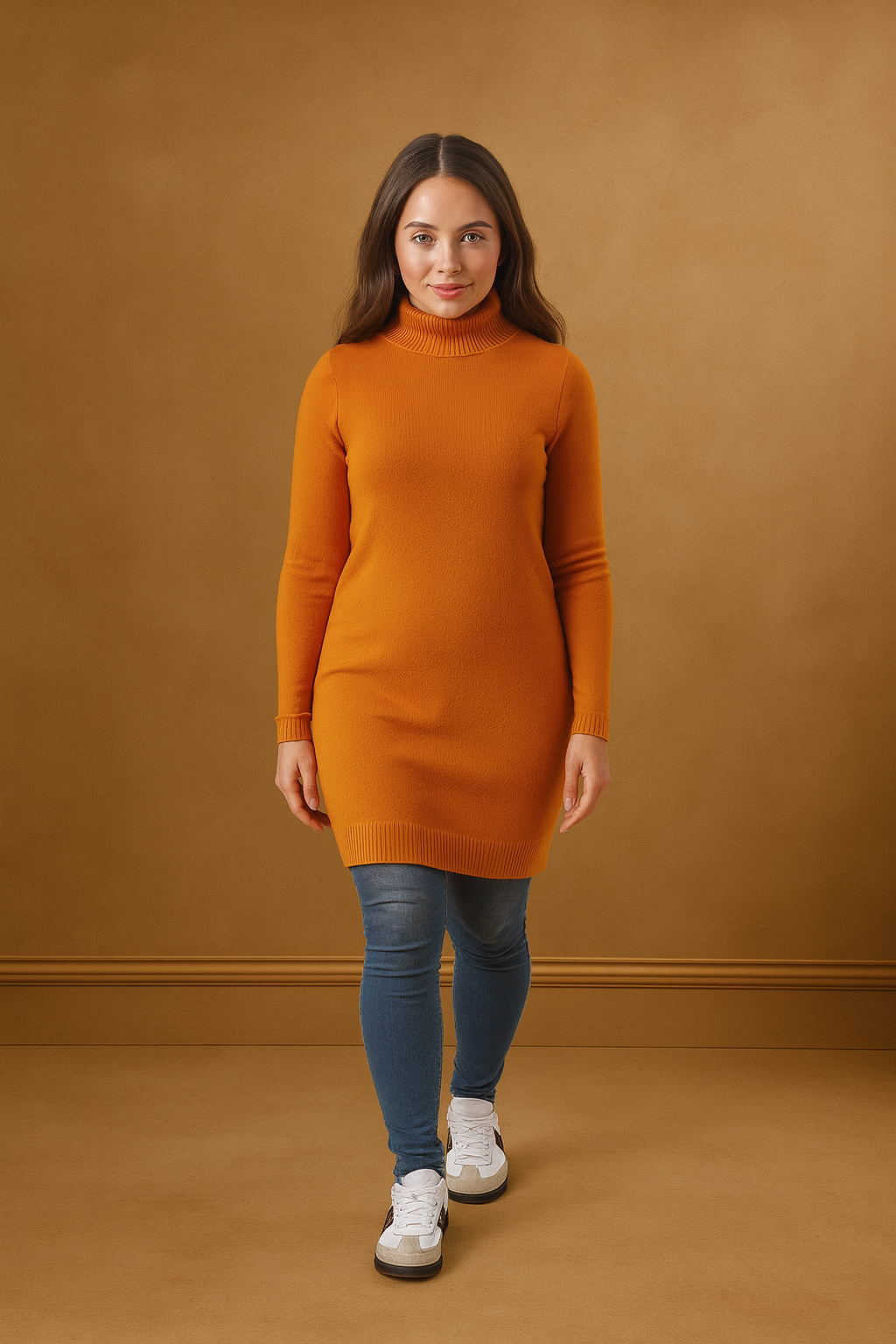 Mock Neck Boat Hem Knitted Longline Jumper