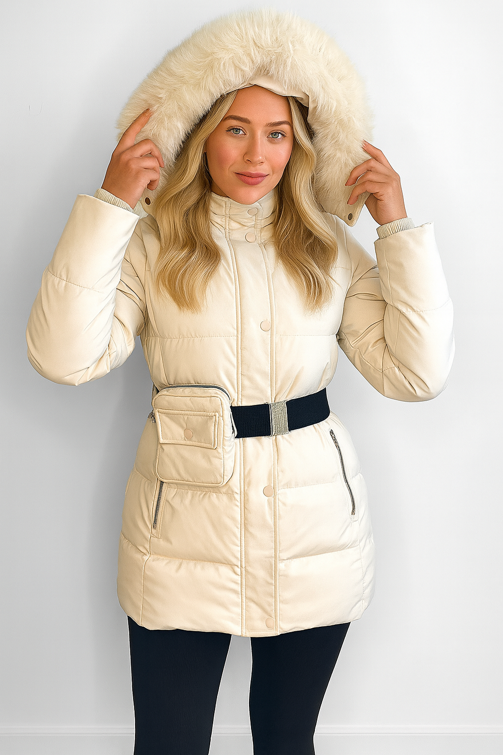 Faux Fur Hood Bag Belt Winter Jacket