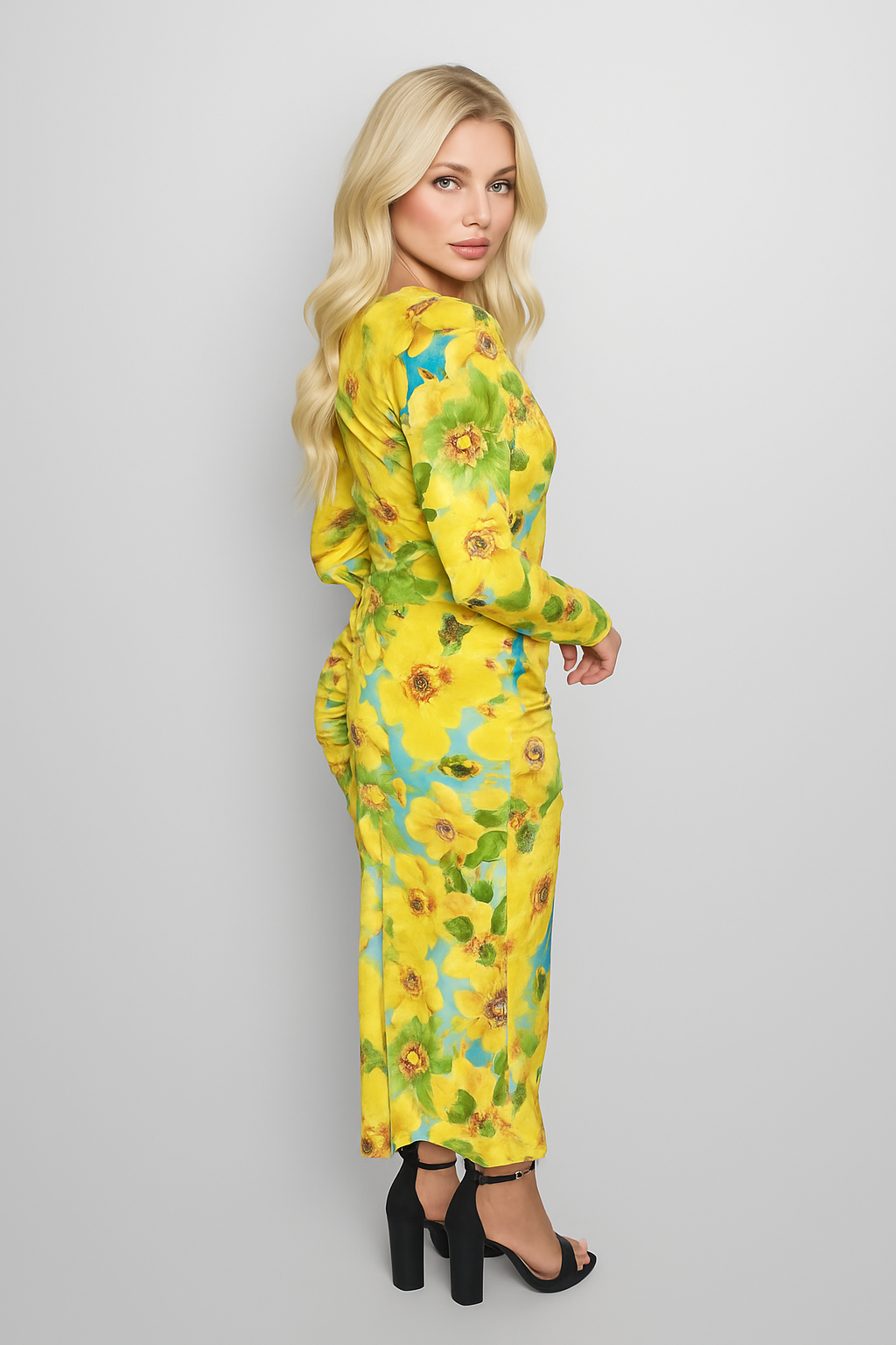 Puff Long Sleeve Floral Pattern Ruched Slit Slinky Long Dress