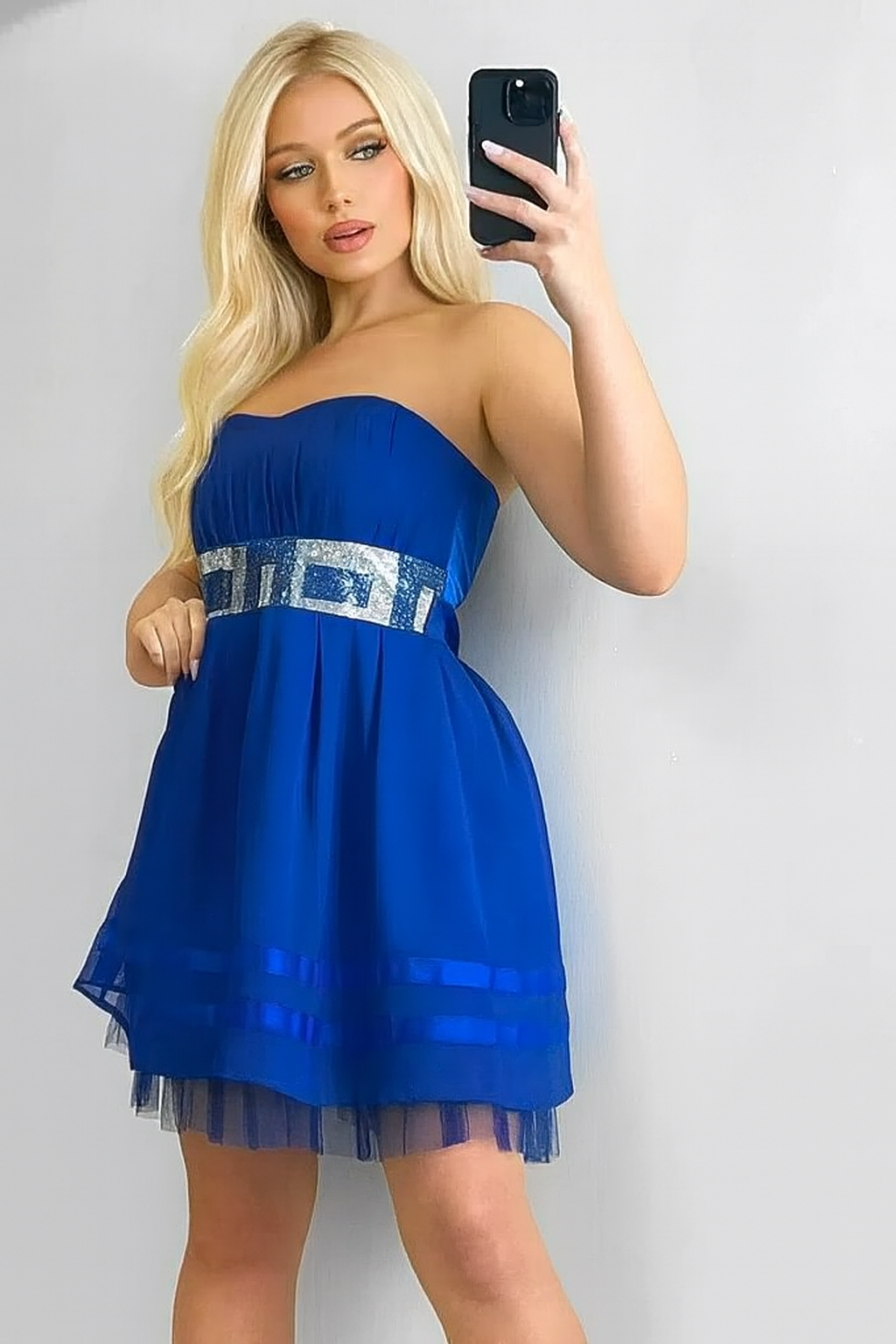 Sequined Waist Net Underskirt Bandeau Dress