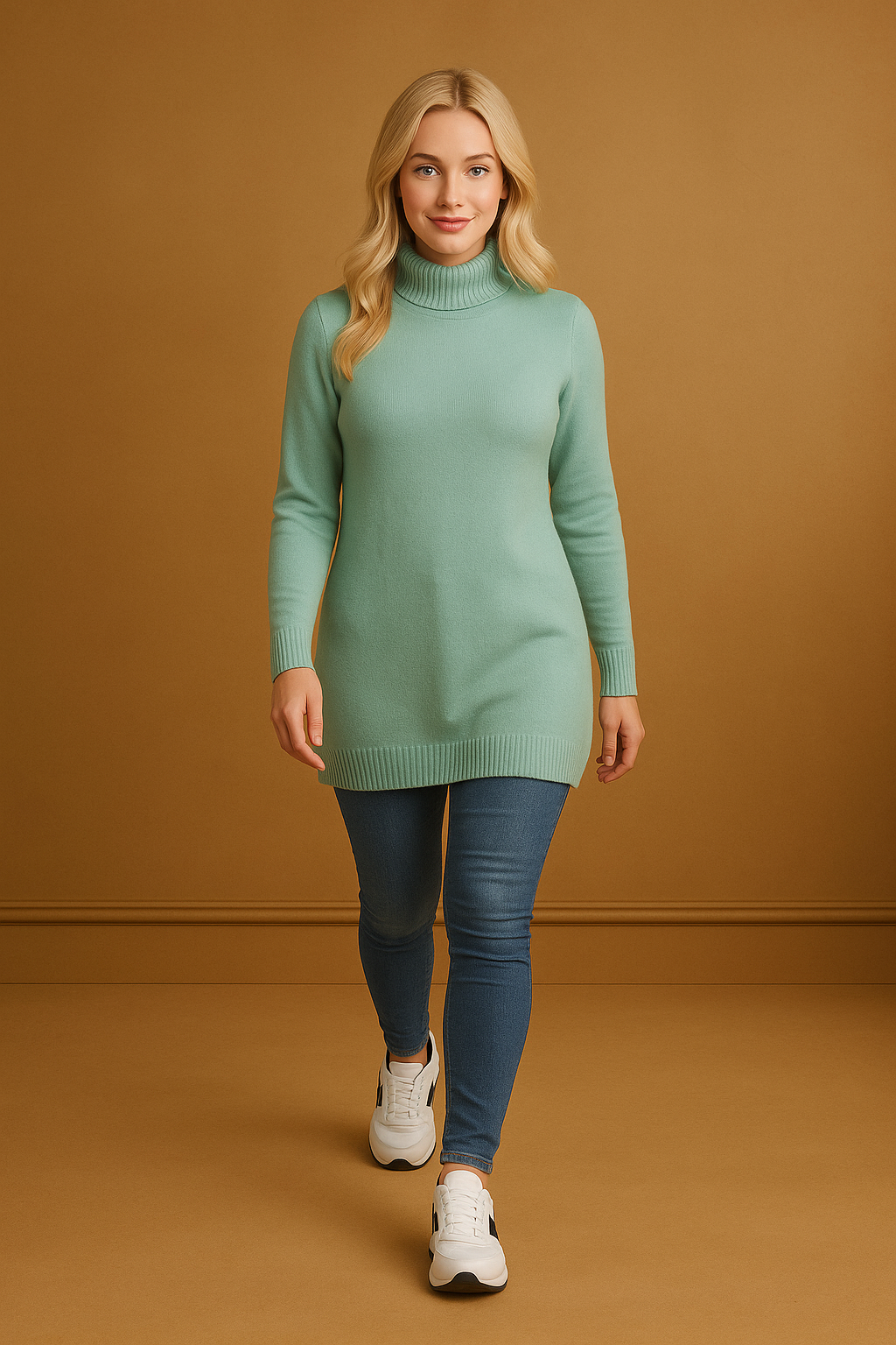 Mock Neck Boat Hem Knitted Longline Jumper