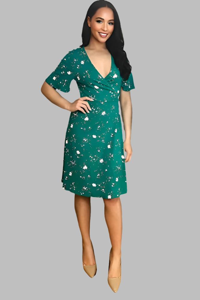 Green Floral Print Classic Wrap Dress-SinglePrice