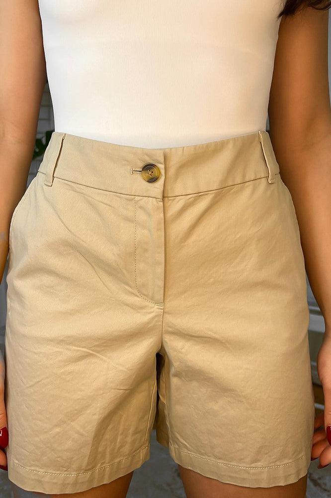 Linen Blend High Waist Mid Length Smart Shorts-SinglePrice