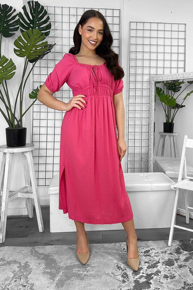 Linen Blend Side Splits Milkmaid Midi Dress-SinglePrice