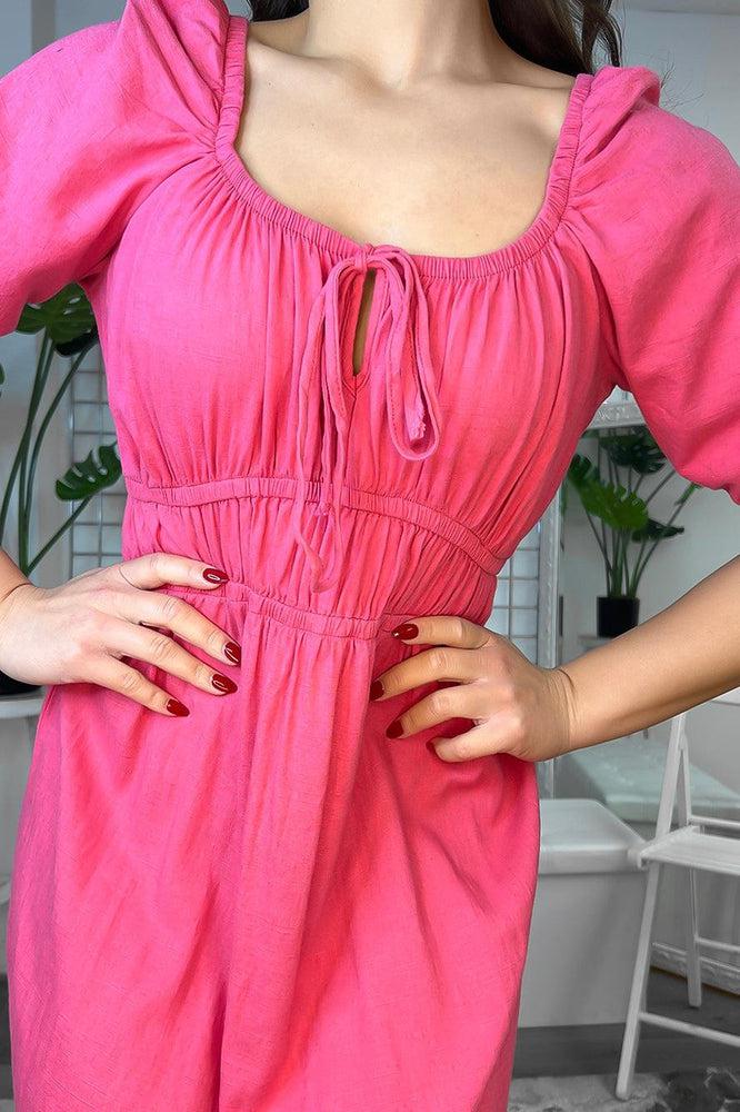 Linen Blend Side Splits Milkmaid Midi Dress-SinglePrice