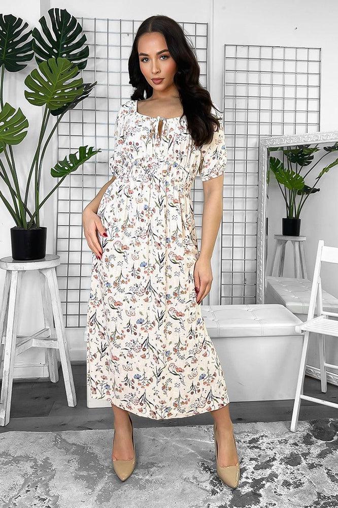 Linen Blend Side Splits Milkmaid Midi Dress-SinglePrice