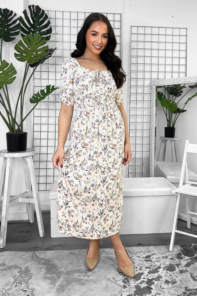 Linen Blend Side Splits Milkmaid Midi Dress-SinglePrice