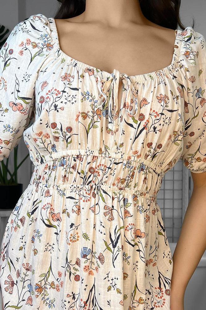 Linen Blend Side Splits Milkmaid Midi Dress-SinglePrice
