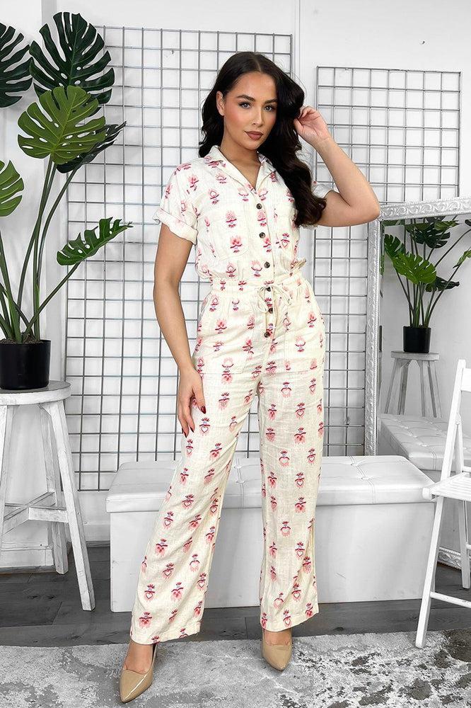 Cream Linen Blend Floral Print Buttoned Down Jumpsuit-SinglePrice