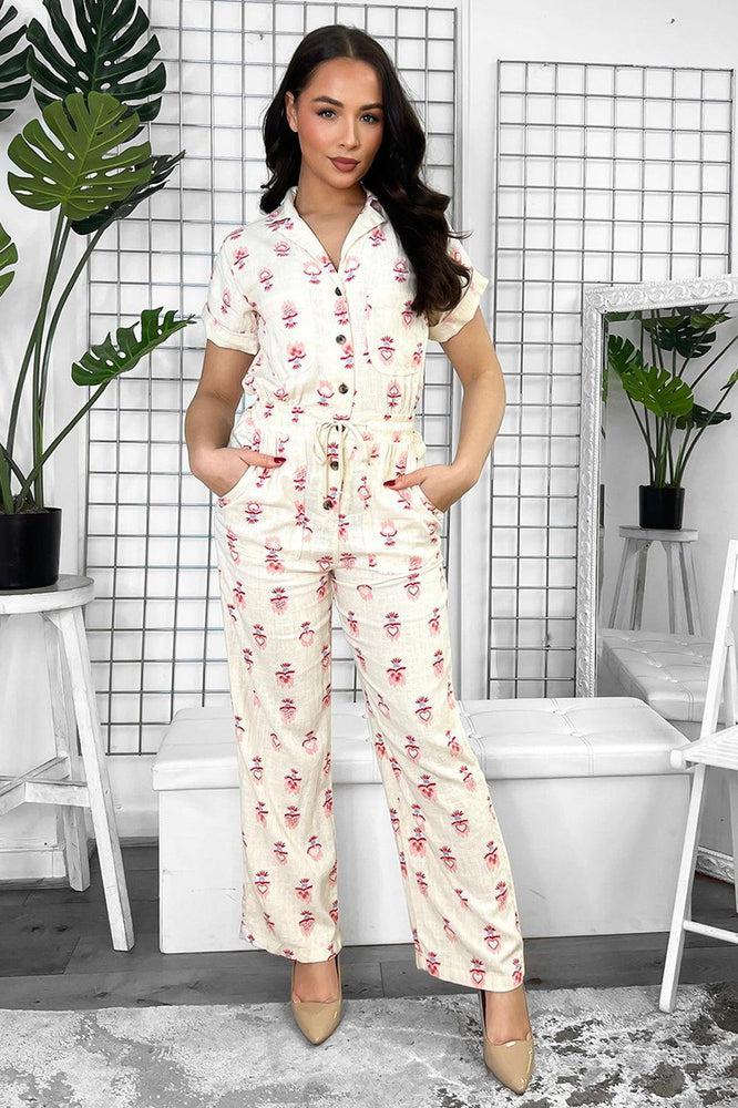 Cream Linen Blend Floral Print Buttoned Down Jumpsuit-SinglePrice