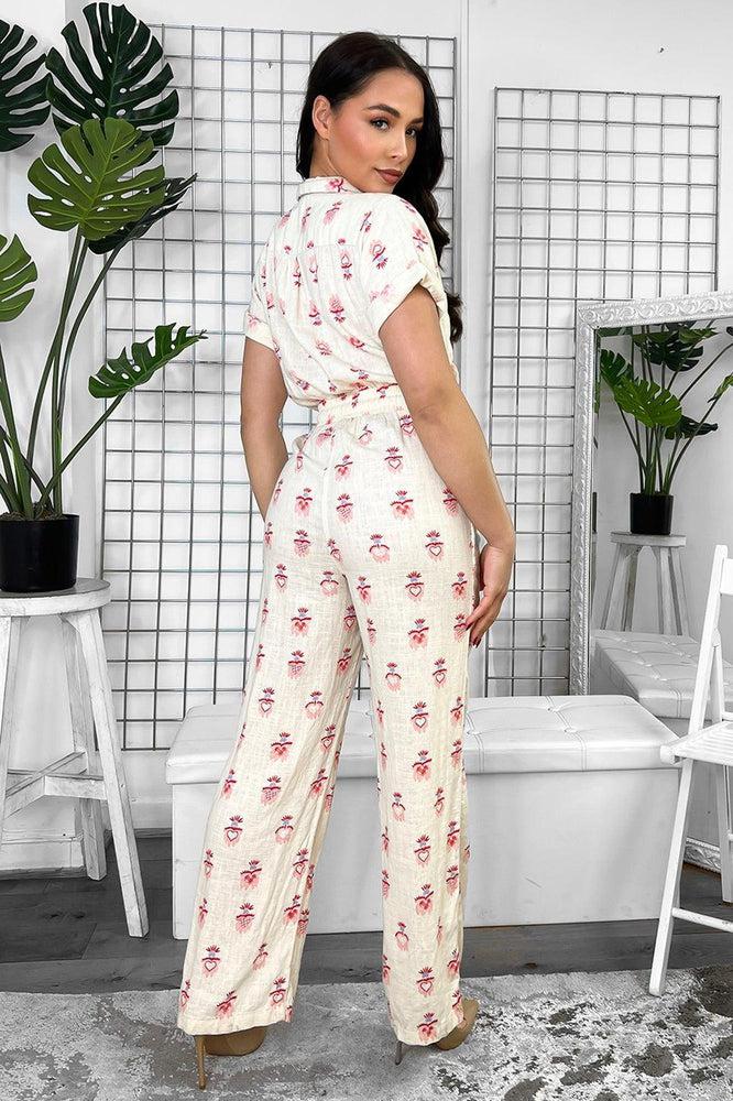 Cream Linen Blend Floral Print Buttoned Down Jumpsuit-SinglePrice