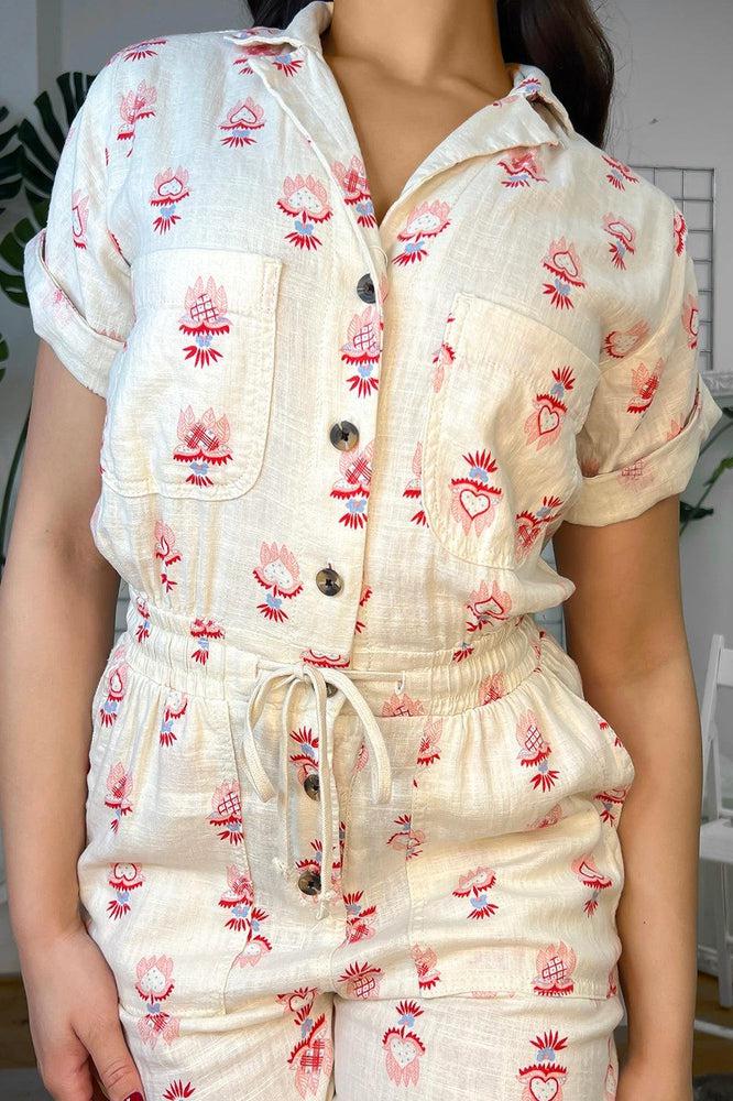 Cream Linen Blend Floral Print Buttoned Down Jumpsuit-SinglePrice
