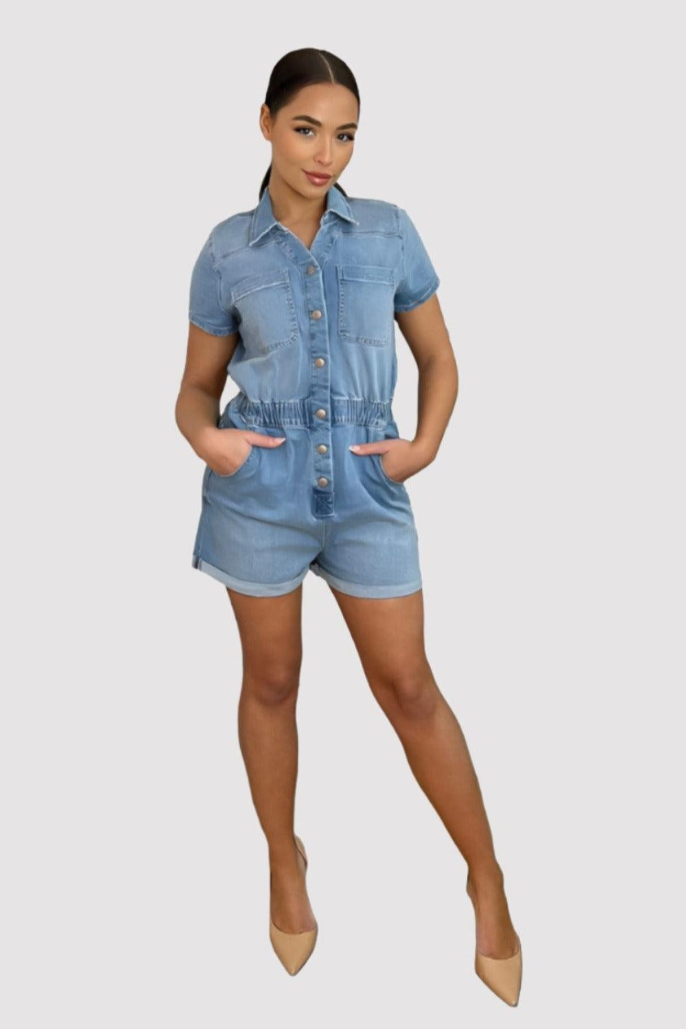Sky Denim Bleached Popper Buttons Playsuit-SinglePrice