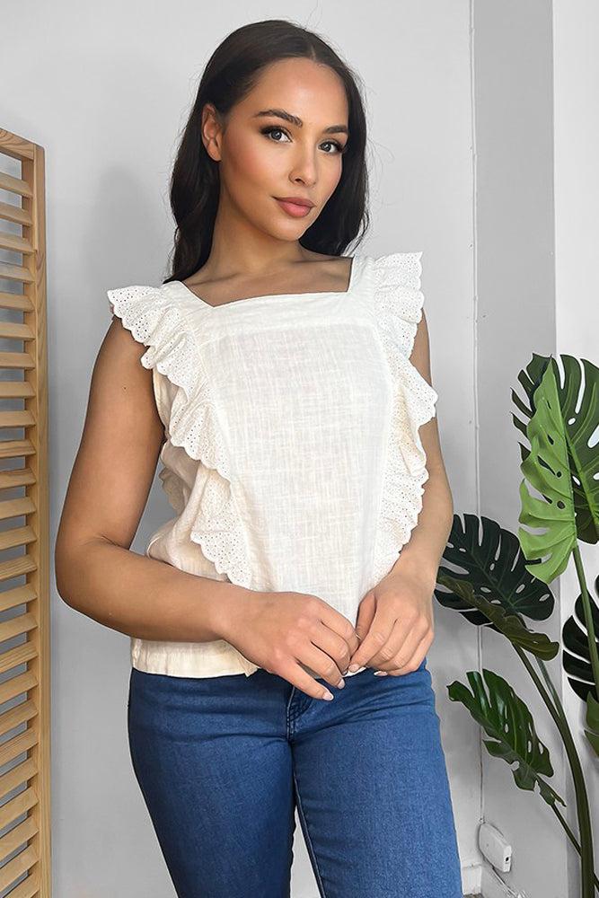 Off White Linen Blend Frilled Summer Top-SinglePrice