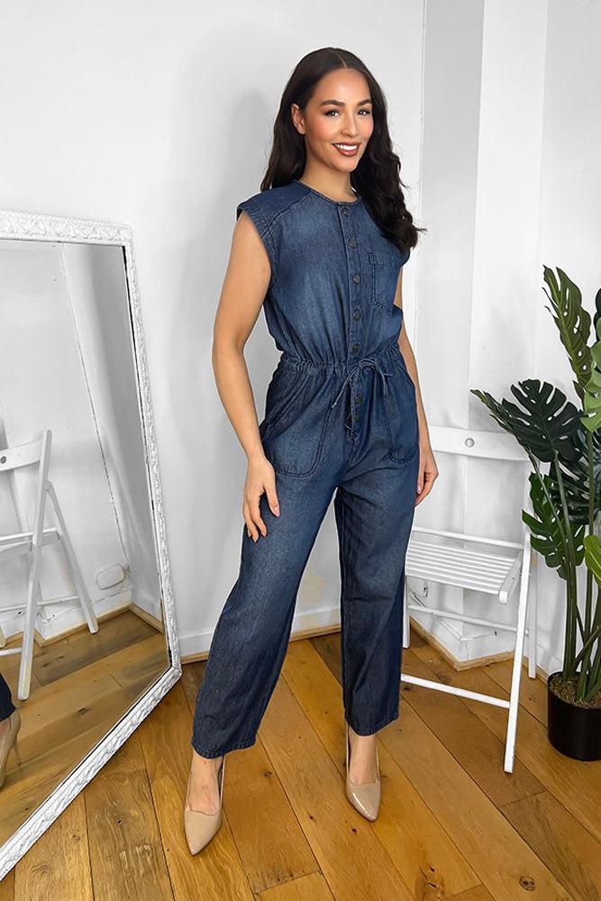100% Cotton Denim Drawstring Waist Sleeveless Jumpsuit-SinglePrice