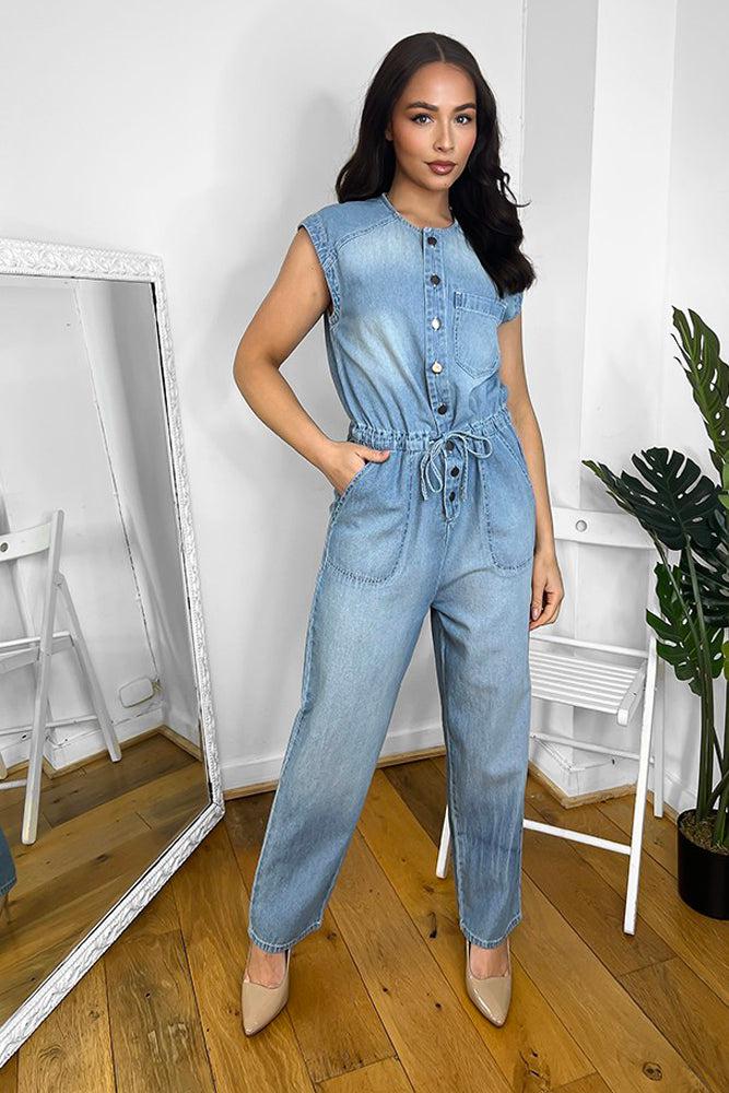 100% Cotton Denim Drawstring Waist Sleeveless Jumpsuit-SinglePrice