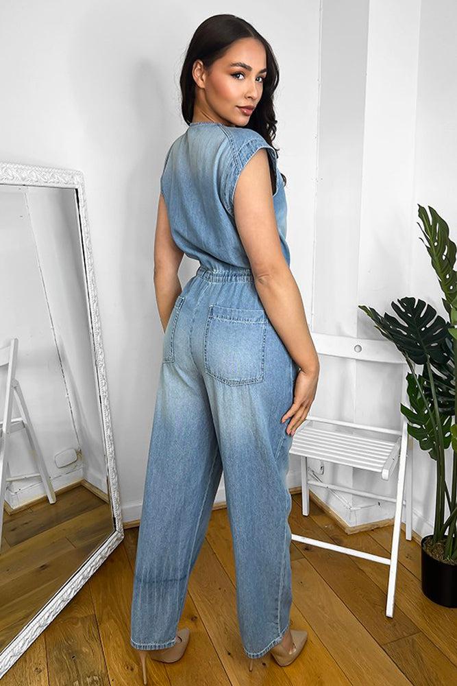 100% Cotton Denim Drawstring Waist Sleeveless Jumpsuit-SinglePrice