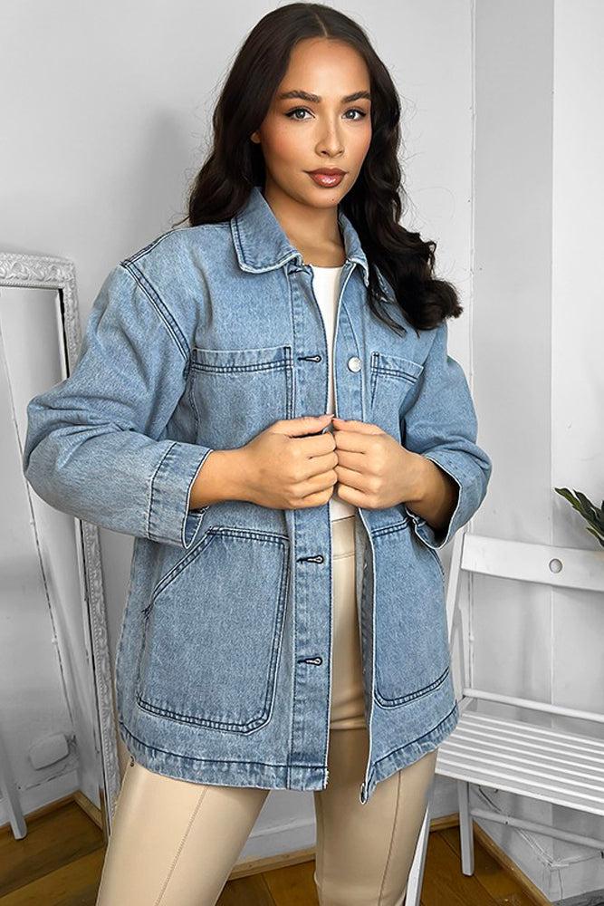 100% Cotton Denim Patch Pockets Boyfriend Jacket-SinglePrice